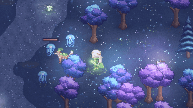An elf ranger and her Ward, a Mosswarden, in the Moonlit Glade at night