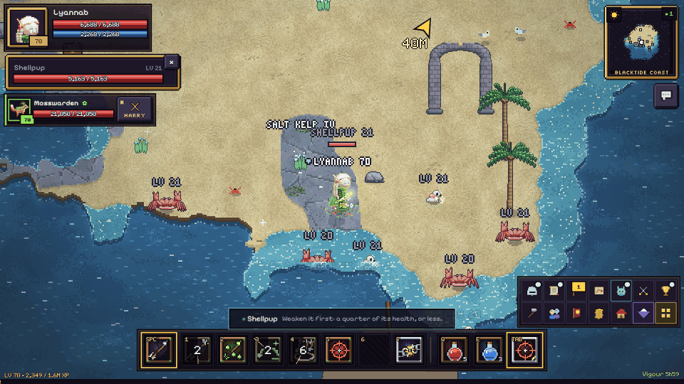A wild Shellpup and Ironshell crabs on the Blacktide Coast