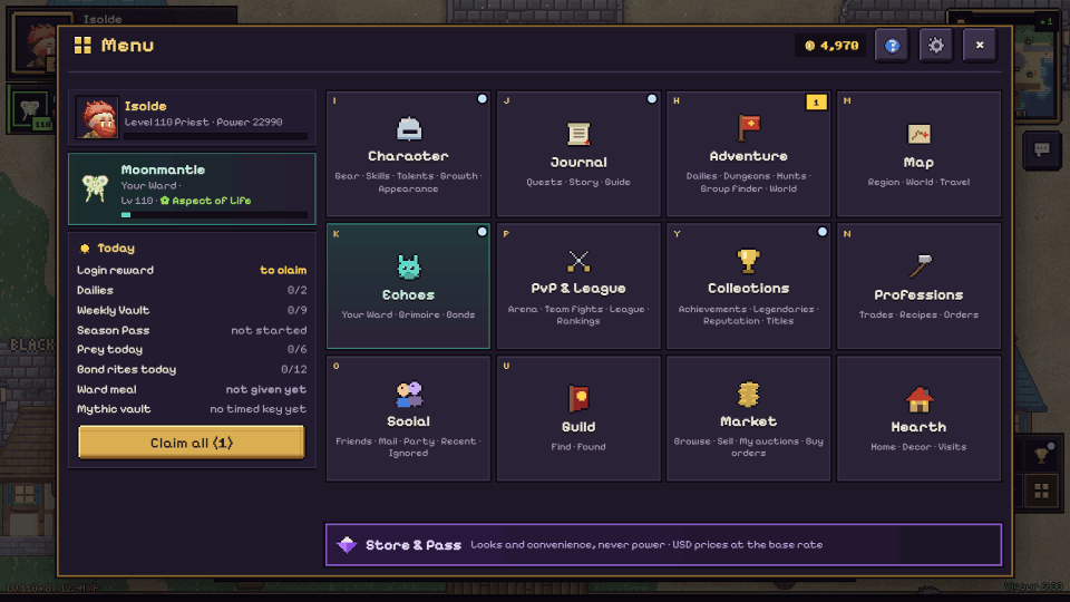 The menu: your Ward, today's rewards and every page, from the Echoes to the market