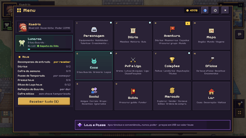 O menu: o teu Guarda, as recompensas de hoje e todas as páginas, dos Ecos ao mercado
