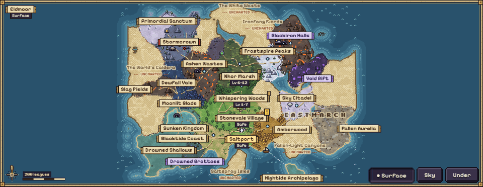 The illustrated world map of Eldmoor with every region named