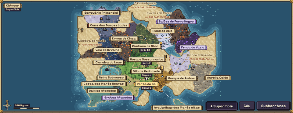 O mapa ilustrado do mundo de Eldmoor, com todas as regiões identificadas