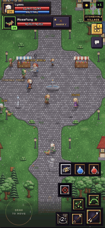 The game on a phone held upright, in the village