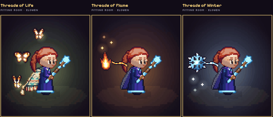 Three Grimoire rewards in the fitting room: butterflies of light with a woven mantle, a flame and a snowflake that circle the hero