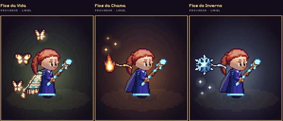 Três recompensas do Grimório no provador: borboletas de luz com um manto tecido, uma chama e um floco de neve à volta da heroína